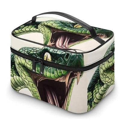 Green Snake Makeup Bag Cosmetic Case Organizer Box | portable handle,divider for skincare and brushes,large capacity,PU leather