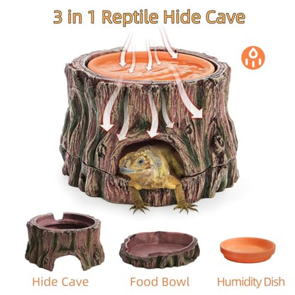 Reptile Hide Cave with Detachable Base, Humidity Dish | 3 in 1 Leopard Gecko Reptile Hideout for Shedding, Lizard Snake Hiding Place Terrarium Decor for Amphibians Snake Turtle