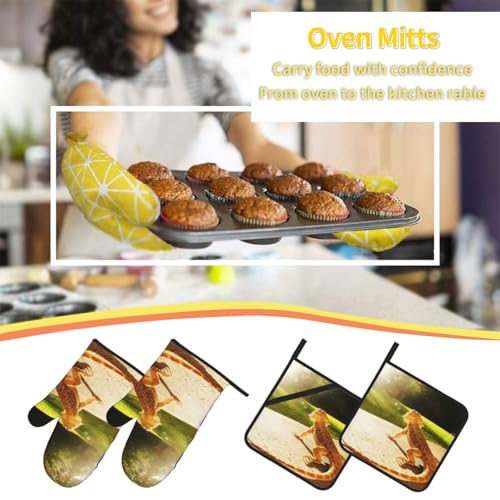 Beard Dragon Lizard Animal Reptile Heat Resistant Oven Mitts and Pot Holders Set of 4-500°f Protection Utensil Pocket for Grilling, Baking, Cooking