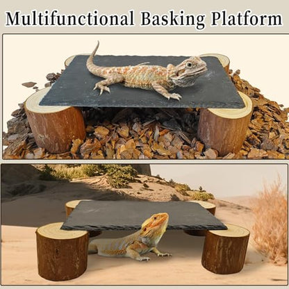 Bearded Dragon Basking Platform,Reptile Slate Rocks with Wooden Pile,Leopard Gecko Hides and Caves Climbing Tank Accessories for Lizards Snakes Tortoise Ball Python(Large High)