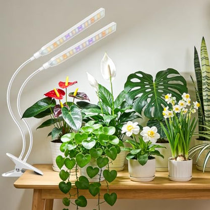 Kullsinss Clip-on Grow Lights for Indoor Plants, 114 LEDs 15W Plant Light | White 2-Gooseneck Plant Lamp for Seedlings, Full Spectrum Growing Lamp with Red/Blue/Yellow/White LEDs, Timer & Dimmable - size: 2 Heads-White