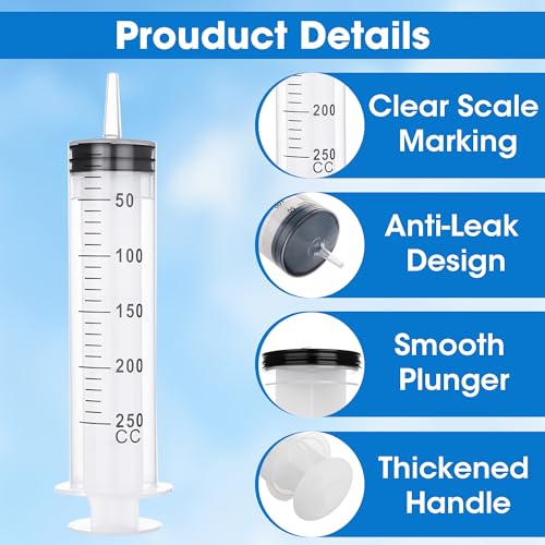 250mL Large Syringes with Tip Adapter, Plastic Syringe for Liquid, Individual Sterile Sealed for Scientific Dispensing, Paint, Watering - style: 250 ml