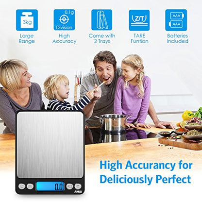 AMIR Digital Kitchen Scale, 3000g 0.01oz/0.1g Pocket Cooking Scale, Mini Food Scale, Pro Electronic Jewelry Scale with Back-Lit LCD Display, Tare & PCS Functions, Stainless Steel, Black - color: Black
