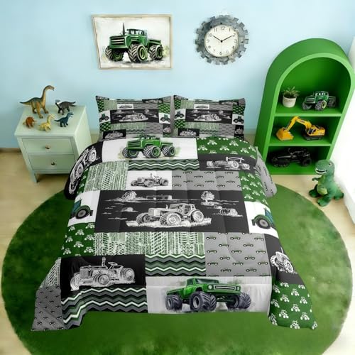 Tractor Bedding Set Twin Size Equipment Trucks Comforter Farmhouse Harvester Down Comforter for Kids Boys Car Bedroom Decor Green Vehicle Quilt Plaid with 1 Pillowcase, Grey - color: Multi 59, size: Twin