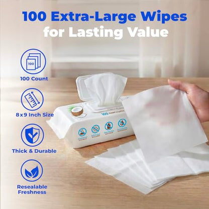 Best Pet Supplies Cleaning Dog Wipes - Moisturizing Coconut 100 Count | Coconut Scented, Large 8"x9", Vitamin E, Puppy & Cat Safe, Gentle Grooming, Resealable Pouch Prevents Drying - color: Moisturizing Coconut, size: 100 Count