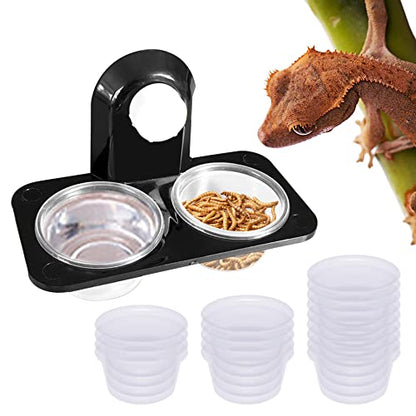 Crested Gecko Dual Feeding Ledge, Space Saving, Maximizes Floor Area, Feed Betta Fish Bloodworm, Window Bird Feeder, 20 Reusable Transparent Food and Water Cups