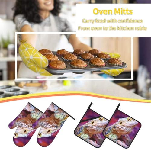 Bearded Dragon Lizards Animal Reptile Camouflage Heat Resistant Oven Mitts and Pot Holders Set of 4-500°f Protection Utensil Pocket for Grilling, Baking, Cooking