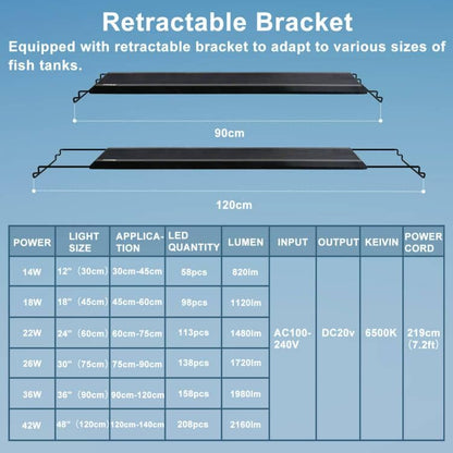 24/7 LED Aquarium Light, IP68 Waterproof Extendable Bracket Fish Tank Light with Timer, 7 Colors, 10 Level Adjustable Brightness, DIY Mode Full Spectrum Aquarium Plant Light for 36-42 Inch Fish Tank - size: 36"-42"