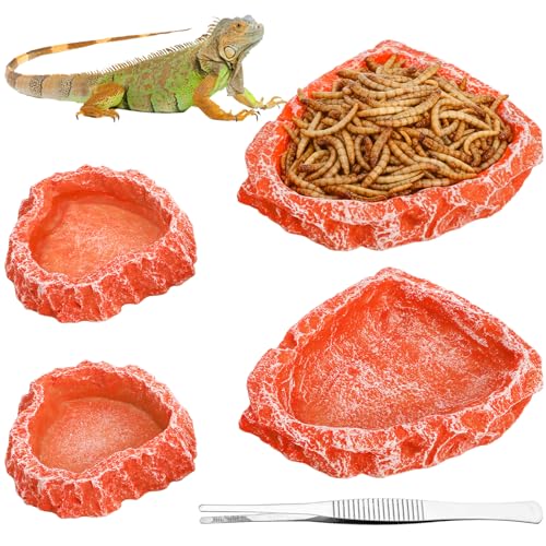 Frcctre 4 Pack Reptile Food Dish with Feeding Tongs, Resin Reptile Water Dish Food Bowl Feeding Terrarium Bowl for Leopard Gecko Lizard Tortoise Hermit Crab Bearded Dragon Chameleon, Orange