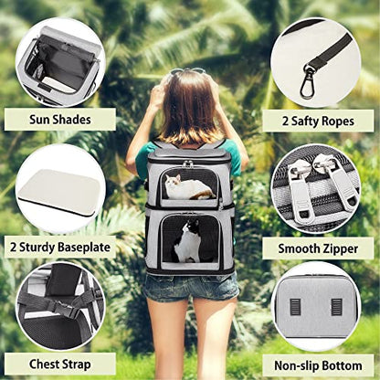 Double Cat Carrier, Cat Backpack Carrier for 2 Cats, Multi Dog Backpack, Two Cat Carrier with 7 Ventilation Windows, Built-in Frame and Support Plate, Safety Straps, Collapsible, Perfect for Travel - color: Grey Double