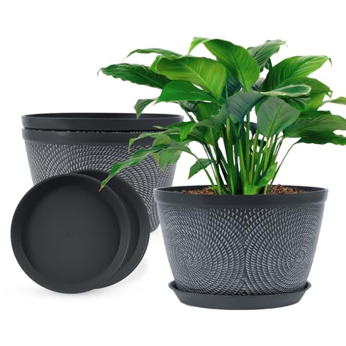 Quarut 10 Inch Flower Pots Planters for Outdoor Indoor, 3 Pack Plastic Plant Pots with Drainage Hole & Tray, Modern Decorative Garden Pot with Saucer, planters for House (Gray) - color: Gray, size: 10 Inch
