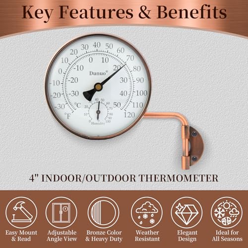 4-Inch Brass Outdoor Thermometer & Humidity Gauge, Analog Dial | Weatherproof Battery-Free Analog Hygrometer, °F/°C Dual Scale, Adjustable Swivel Bracket for Patio, Window & Greenhouse - size: 4inch thermo&hygrometer
