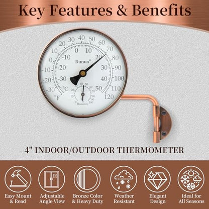 4-Inch Brass Outdoor Thermometer & Humidity Gauge, Analog Dial | Weatherproof Battery-Free Analog Hygrometer, °F/°C Dual Scale, Adjustable Swivel Bracket for Patio, Window & Greenhouse - size: 4inch thermo&hygrometer