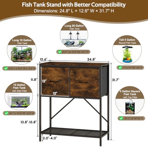 5-20 Gallon Fish Tank Stand, 3-Tier Heavy Duty Metal Aquarium Table | Vintage Wood Reptile Tank Stand with Drawers for Living Room & Office, 200LBS Capacity, 24.8x12.6x31.5 In