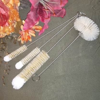 Bottle Brushes Thin Long Handle X 4, Natural Boar Bristle Set | Stainless Steel Bendable Wire Cleaner with Wool Tip, Slim Flexible for Cleaning Narrow Neck Bottles, Pipes, Tubes, Hoses