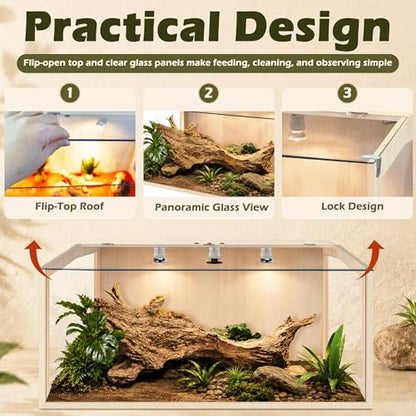 Bearded Dragon Tank, Lizard Tank with Clear Tempered Glass, Anti-Scratch Reptile Enclosure, Reptile Tank Built-in Light Fixtures with Switch (40X20X20inch,65 Gallons) - color: Transparent Roof, size: 40X20X20inch,65 Gallons