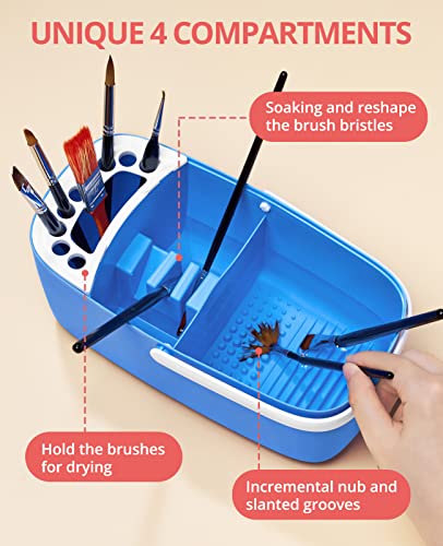 GAMENOTE Paint Brush Cleaner, Paint Brush Holder and Palette, Blue | All-in-one painting station washes and rests brushes, mixes colors, and stores paint in 18 wells with a portable handle. - color: Blue