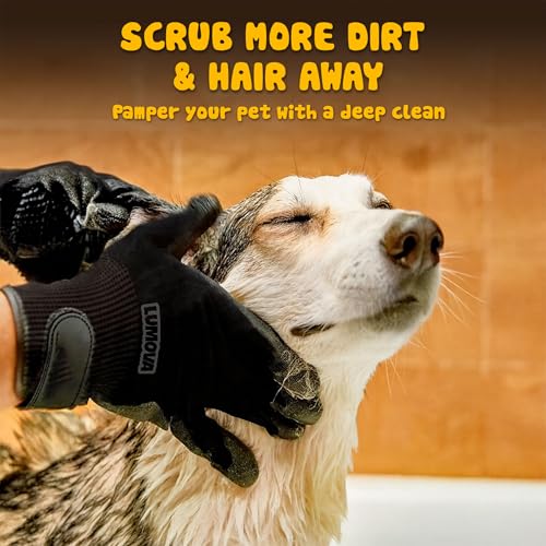 Pet Grooming Glove – Patented Rubber-Massage Shedding Bath & Hair Remover for Dogs, Cats & Livestock – Lightweight, Flexible, Secure Fit (Black) - color: Black