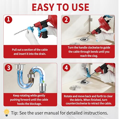 Drain Snake 35 Ft with Drill Attachment, Auto Feed 1/4 Inch Plumbing Snake for Sink, Shower & Tub Clogs, Manual or Drill-Powered Drain Auger, with Gloves, Safety Glasses & Storage Bag - color: 35FT