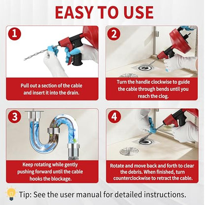 Drain Snake 25 Ft with Drill Attachment, Auto Feed 1/4 Inch Plumbing Snake for Sink, Shower & Tub Clogs, Manual or Drill-Powered Drain Auger, with Gloves, Safety Glasses & Storage Bag - color: 25FT