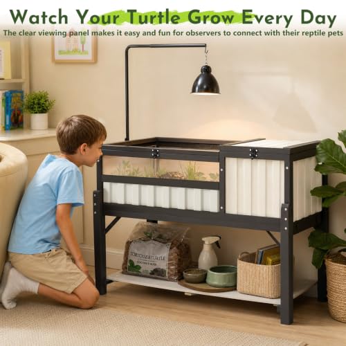 Large Tortoise Habitat with Storage Shelf, Wooden & Plastic Tortoise Enclosure with Adjustable Lamp Stand, Viewing Window, Pull-Out Tray, 2-Room Indoor Outdoor Reptile Turtle House - size: 39"L x 22.8"W x 33"H