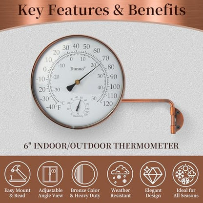 6-Inch Brass Outdoor Thermometer & Humidity Gauge, Easy-Read Dial | Weatherproof Battery-Free Analog Hygrometer, °F/°C Dual Scale, Adjustable Swivel Bracket for Patio, Window & Greenhouse - size: 6inch thermo&hygrometer