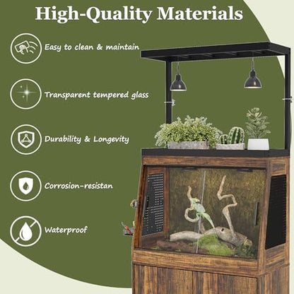 45 Gallon Inclined Reptile Tank with Terrarium Stand, Large Terrarium Reptile Tank Enclosure with Storage Cabinet, Adjustable Shelves and Ventilation Hole Panel, Bearded Dragon Cage, Brown