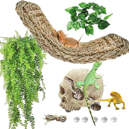 kathson Bearded Dragon Terrarium Skull Decoration, Reptile Tank Habitat Resin Human Skulls Hide Cave Hanging Vines Plants Accessories for Lizards Tortoise Chameleon Spider Reptiles Amphibians(4 PCS)