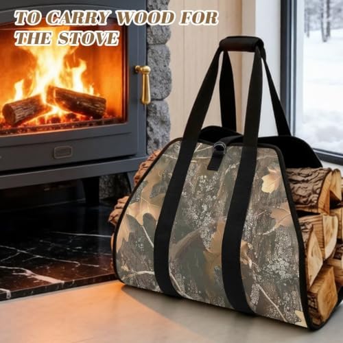 Tree Leaf Camo Print Firewood Log Carrier Tote | Open-Ended Design, Large Capacity, Waterproof Fabric, for Fireplaces, Bonfires and Wilderness Camping - color: Tree Leaf Hunting Camo Print