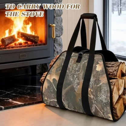 Tree Leaf Camo Print Firewood Log Carrier Tote | Open-Ended Design, Large Capacity, Waterproof Fabric, for Fireplaces, Bonfires and Wilderness Camping - color: Tree Leaf Hunting Camo Print