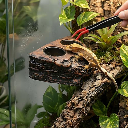 Magnetic Crested Gecko Feeding Ledge with Tongs, 4-Cup Rock Feeder | Made of pet-safe rock plastic for arboreal tanks, this dual-magnet dish stays secure, paired with 6.29in feeding tweezers
