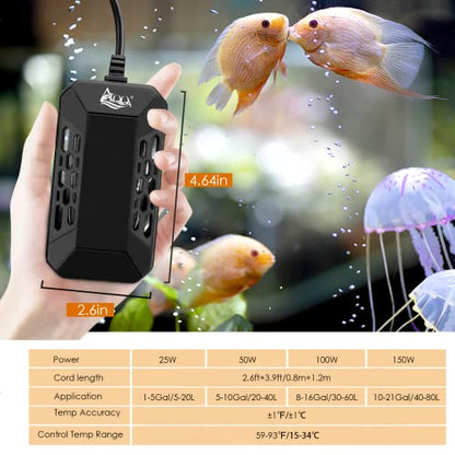 AQQA Aquarium Submersible Heater for Fish Tank,LED Temperature Display and Built-in Thermometer,External Controller Temperature Control Range 59℉-93℉,Safety Control Protects 50W