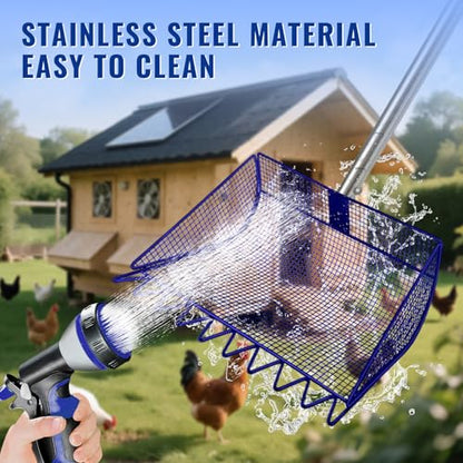 2-in-1 Chicken Coop Scooper: Extra Large 12” Poop Scooper & Rake with Adjustable Handle (37”-65”) | Heavy-Duty Metal Shovel for Quick Pet Waste, Rabbit, Guinea, Barn Cleaning | US Patent Pending, Blue - color: Blue