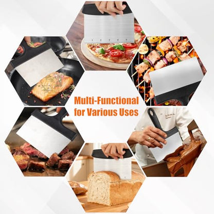 Grill Scraper&Bench Scraper Set，Food Scraper with Handle for Blackstone, Flat Top Grill Cleaning，Premium Stainless Steel Dough Cutter with Measuring Scale for Pastry,Cake,Pizza,Bread,Cooking - style: Grill Scraper&Bench Scraper Set