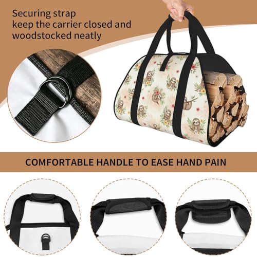 AMRANDOM Firewood Carrier Bag with Handles Log Holder Foldable & Waterproof for Fireplace, BBQ, Camping, Garden (Cute Sloth Dont Hurry Be Happy) - color: Color1025