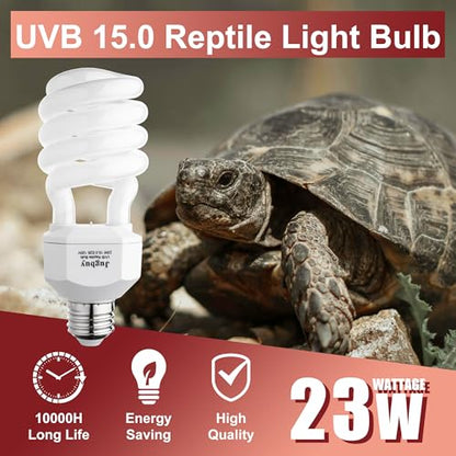 UVB Reptile Light Bulb 15.0, 23W UV Spiral Compact Florescent Terrarium Lamp Ideal for Desert Reptiles & Amphibians Frogs Tortoises Toads Chameleons - 2 Pack - size: UVB15.0