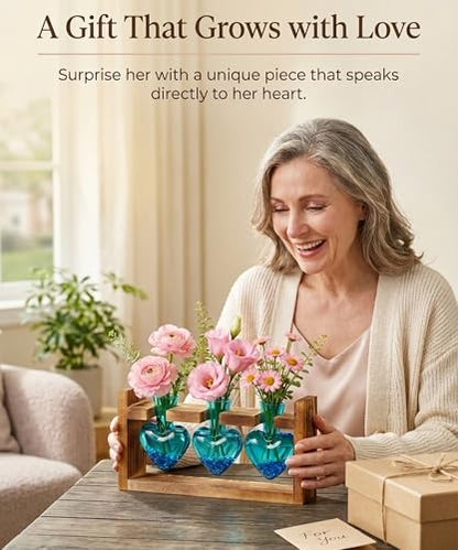 Nacome Plant Terrarium with Wooden Stand, 3 Heart Bulb Glass Vases | Wooden Stand Tabletop for Air Planter, Gifts for Mom Plant Lovers Mom Women Wife Grandma - color: Blue