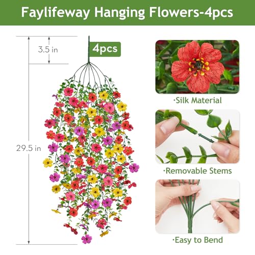 4PCS UV Resistant Silk Artificial Hanging Flowers for Outdoors | Mixed Color Relistic Fake Flowers for Outside,Patio,Porch,Front,Yard,Window,Garden,Indoor Decor(Spring Color) - color: Summer Color, size: 4PCS