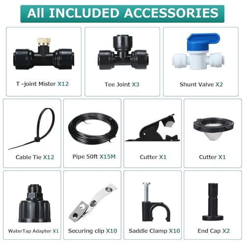GOTGELIF Patio Misting System, DIY Outdoor Water Mister Cooling Kit | 50FT Leak-Proof Hose with 12 Brass Nozzles, 3/4 Faucet Adapter & 2 Shut-off Valves for Garden, Gazebo, Greenhouse Cooling