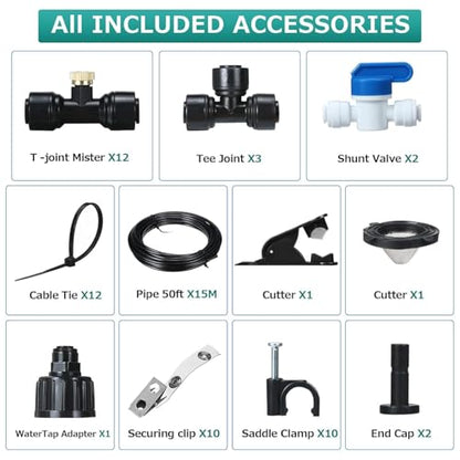 GOTGELIF Patio Misting System, DIY Outdoor Water Mister Cooling Kit | 50FT Leak-Proof Hose with 12 Brass Nozzles, 3/4 Faucet Adapter & 2 Shut-off Valves for Garden, Gazebo, Greenhouse Cooling