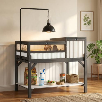 PetsCosset Indoor Tortoise Enclosure Elevated Tortoise Table with UVB Lamp Stand & Storage Shelf, Two-Room Reptile Habitat with PVC Anti-Glare Panel for Sulcata Russian Hermann’s Tortoise - size: 39.0"L x 22.8"W x 33.1"H