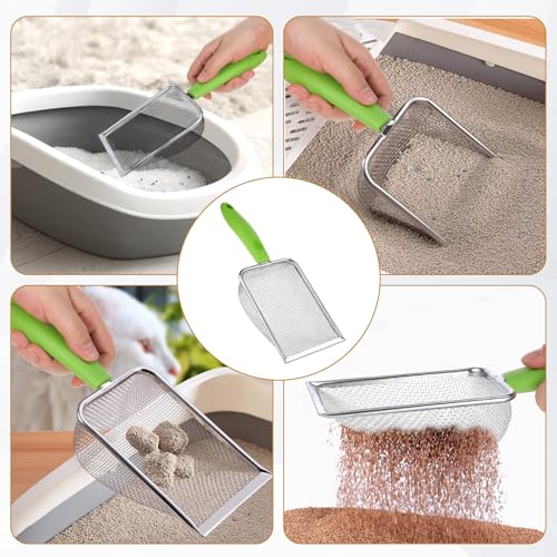 Stainless Steel Mesh Litter Shovel, Fine Mesh Metal Reptile Litter Cleaner Scooper, Green Non-Slip Handle Sifter for Lizard Substrate Reptile Terrarium Sand Waste