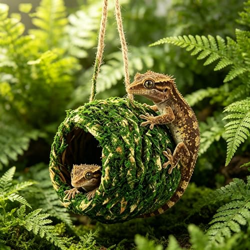 Mossy Caves Hideout, Crested Gecko Tank Accessories, Green Cave Hide Made with Natural Moss for Reptiles and Amphibians, Hide for Crested Gecko, Terrarium & Vivarium Decor
