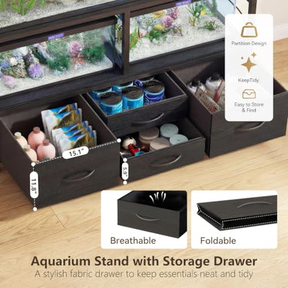 Heybly 55-75 Gal Fish Tank Stand with Drawer, Power Outlet, Black HAS005BK | Aquarium Stand, Heavy Duty, for Fish Tank, Turtle & Reptile Terrarium, 48" L × 18.1" Top, 660lbs (Top)+400lbs(Mid) - color: Black, size: 55-75 gal