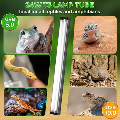 22’’ 24W T5 UVB Reptile Light Combo Kit Switchable UVB 5.0, 10.0 | for Tropical & Desert Reptiles, Reptile Lamp Terrarium Hood UVB Light for Bearded Dragon, Lizards, Snake, Chameleon, Turtle