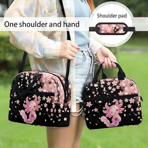 Lightweight Kids Lunch Bag Axolotl Print: Cherry Blossom Main Compartment Fits Lunch + Drink + Snack - Insulated Lining - Good for Aquarium Visit, Art Class & Birthday Party - color: Axolotl Cherry Blossom Print