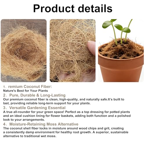 0.22 Pounds Long Coconut Husk Fiber, Mulch Silk Filling for Orchids Clean, Coconut Shell Moss Covering, Lizard Incubator Bedding Materials, Flower pots,Bird Nest