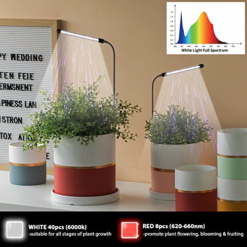 Grow Light for Indoor Plants Growing, 6000K Full Spectrum Gooseneck Plant Lamp for Seedings Succulents Small Plants, Auto On/Off Timing & 5 Dimming, 1-Pack