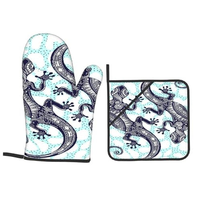 Gecko Lizard Abstract Reptile Animal 4-Piece Oven Mitts and Handle Covers Set - Heat Resistant Baking Gloves for Kitchen BBQ Grilling