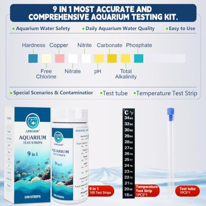 9 in 1 Aquarium Test Strips, 100 Count, Fish Tank Water Test Kit for Freshwater & Saltwater,